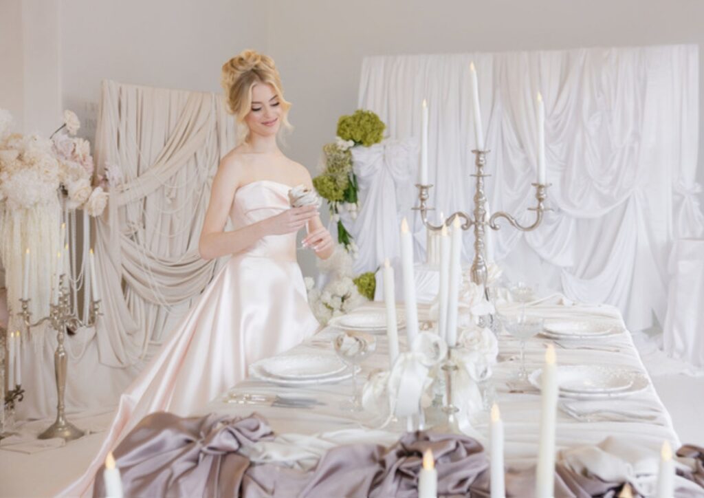 Bride in a blush satin strapless gown arranging a floral napkin at an elegant wedding table, surrounded by white fabric draping, silver candelabras, and lush floral arrangements for a sophisticated reception setting.